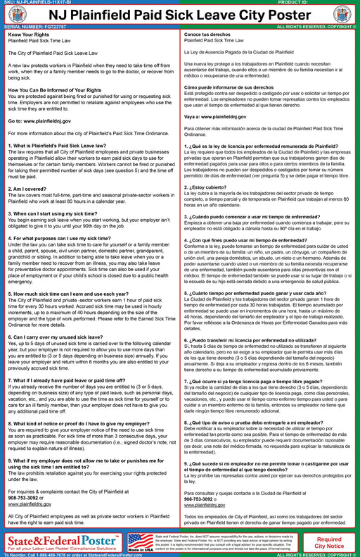 NJ Plainfield Paid Sick Leave City Poster (Bilingual) - State and Federal Poster