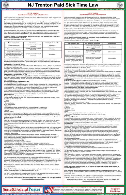 NJ Trenton Paid Sick Time City Poster (Bilingual) - State and Federal Poster