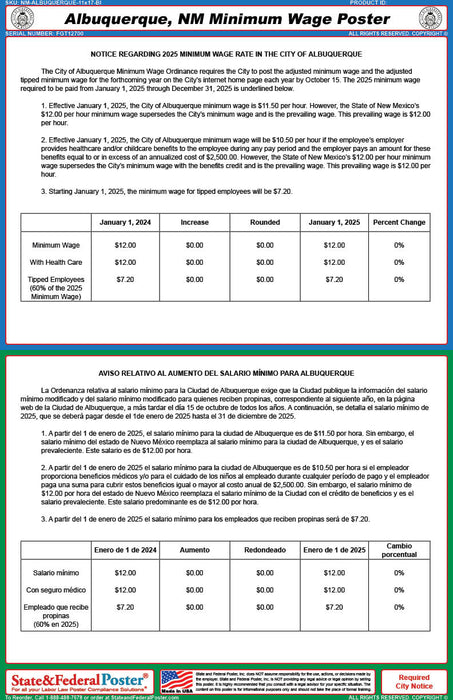 Albuquerque, New Mexico City Minimum Wage Poster (Bilingual)