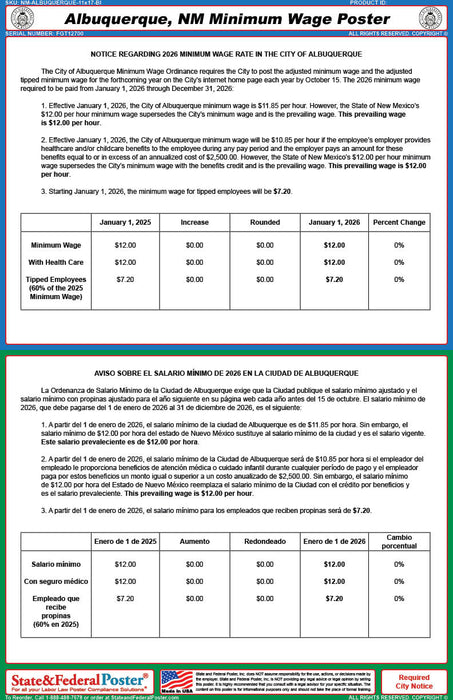 Digital Albuquerque, New Mexico City Minimum Wage Poster (Bilingual)