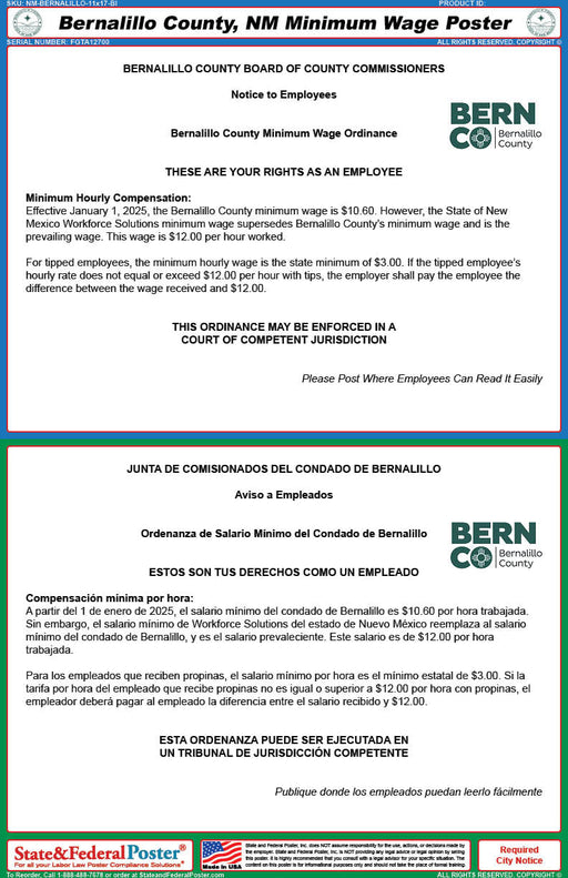 Bernalillo County, New Mexico Minimum Wage Poster (Bilingual) - State and Federal Poster