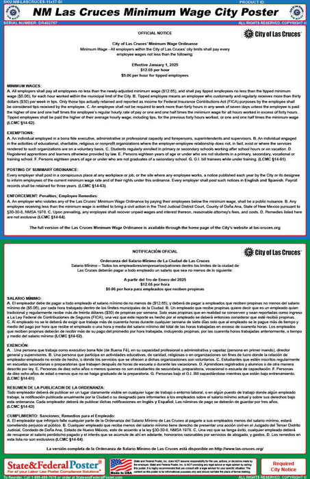 Las Cruces, New Mexico Minimum Wage Poster (Bilingual) - State and Federal Poster