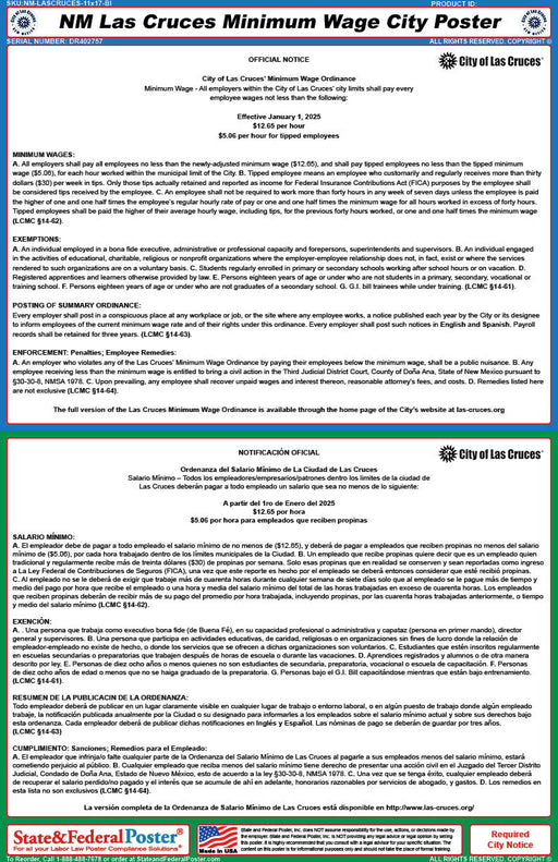 Las Cruces, New Mexico Minimum Wage Poster (Bilingual) - State and Federal Poster
