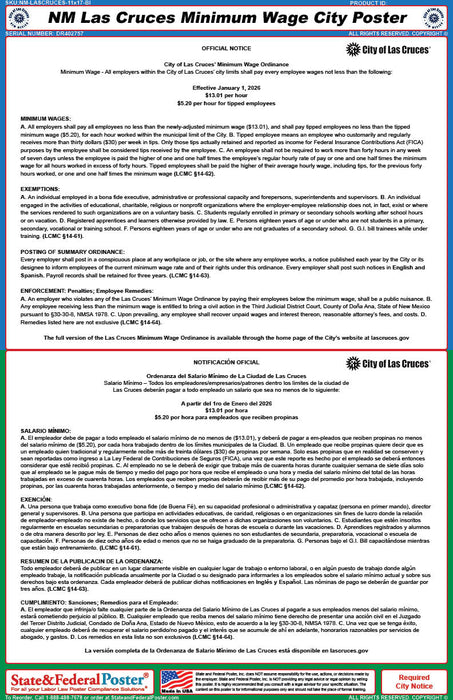 Las Cruces, New Mexico Minimum Wage Poster (Bilingual)