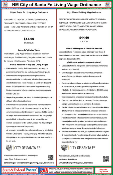 Santa Fe, New Mexico Living Wage Ordinance Poster (Bilingual) - State and Federal Poster