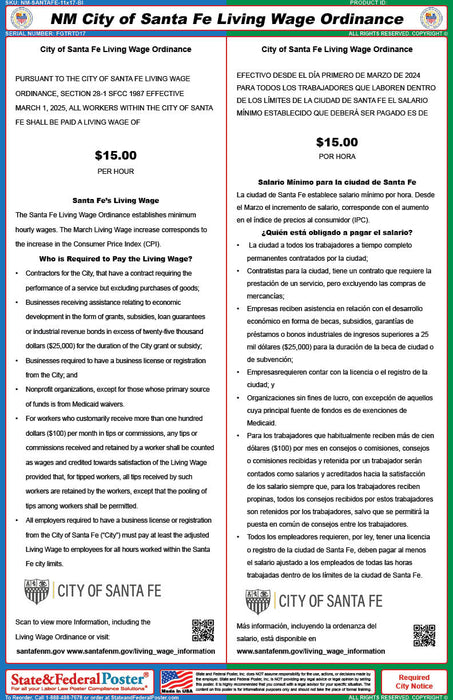 Santa Fe, New Mexico Living Wage Ordinance Poster (Bilingual) - State and Federal Poster
