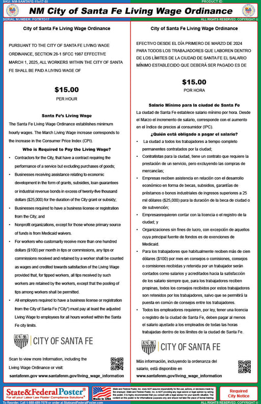 Santa Fe, New Mexico Living Wage Ordinance Poster (Bilingual) - State and Federal Poster