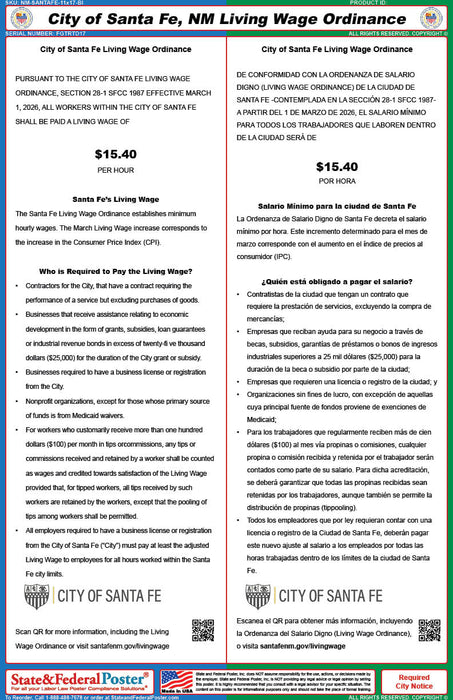 Digital Santa Fe, New Mexico Living Wage Ordinance Poster (Bilingual) - State and Federal Poster