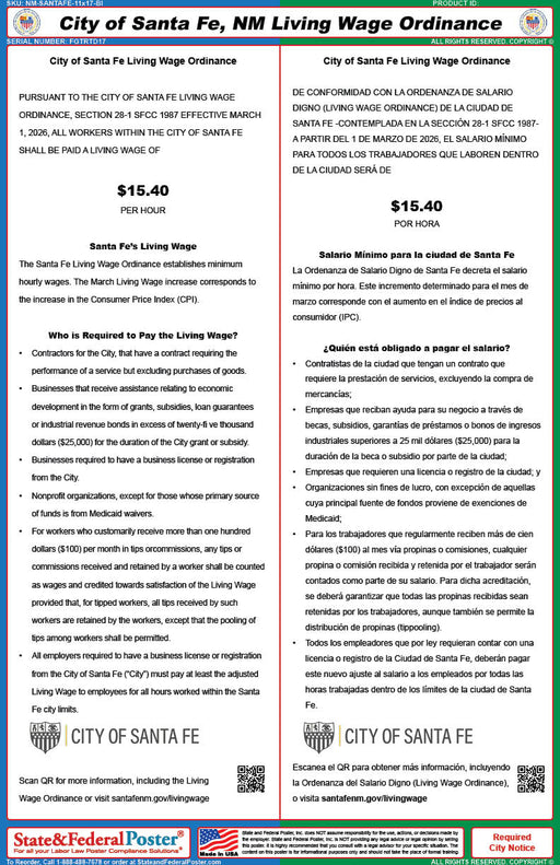 Digital Santa Fe, New Mexico Living Wage Ordinance Poster (Bilingual) - State and Federal Poster