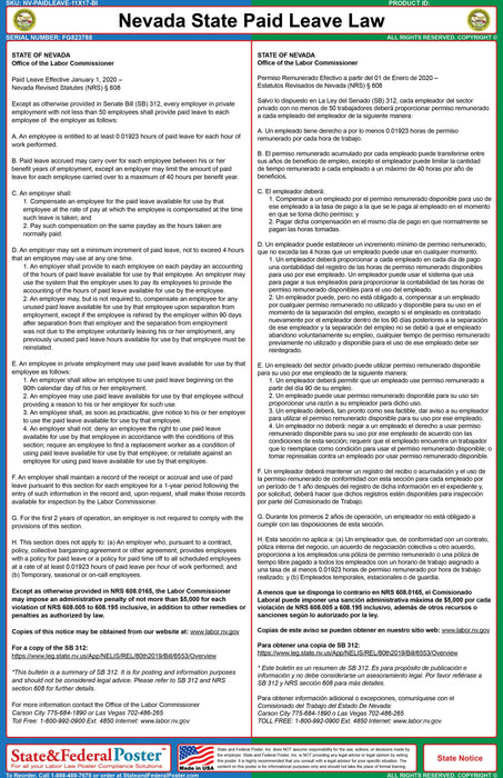 Nevada State Paid Leave Law Poster (Bilingual) - State and Federal Poster