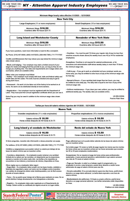 New York Apparel Industry Workers Wage Ordinance (Bilingual) - State and Federal Poster