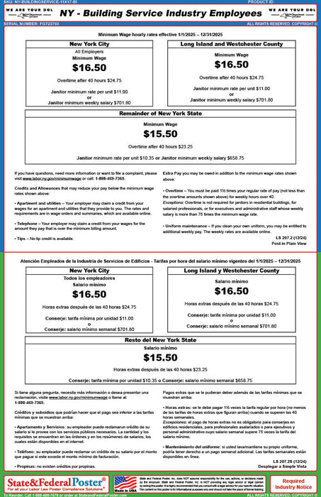 New York Building Service Industry Wage Ordinance (Bilingual) - State and Federal Poster