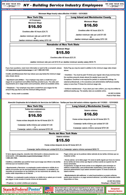 New York Building Service Industry Wage Ordinance (Bilingual) - State and Federal Poster