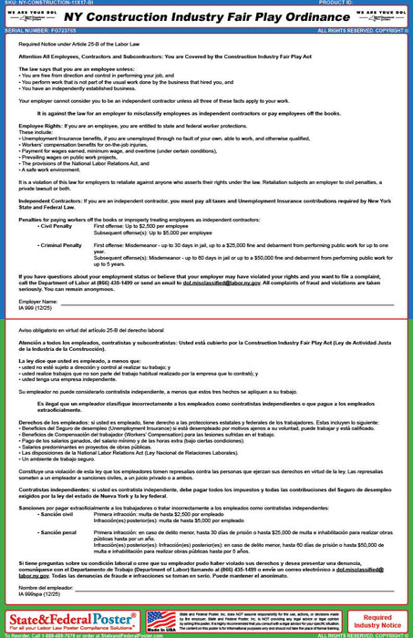 Digital New York Construction Industry Fair Play Ordinance Poster (Bilingual)