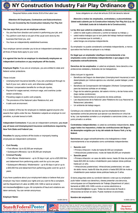 New York Construction Industry Fair Play Ordinance Poster (Bilingual) - State and Federal Poster