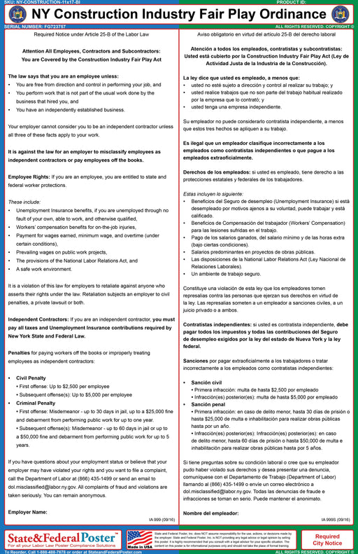 New York Construction Industry Fair Play Ordinance Poster (Bilingual) - State and Federal Poster