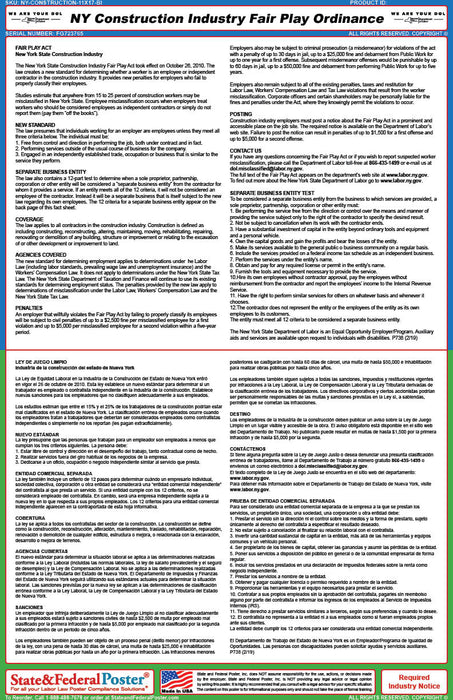 New York Construction Industry Fair Play Act Poster (Bilingual) - State and Federal Poster