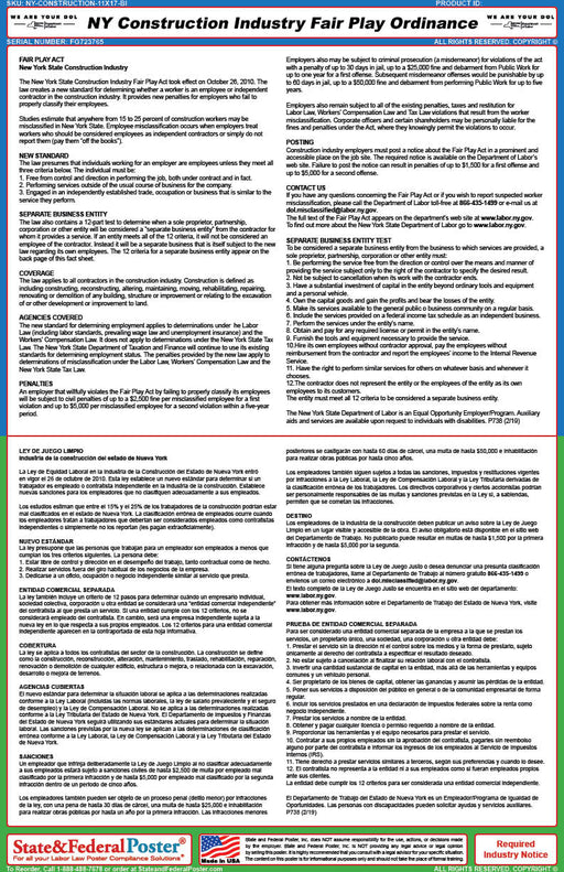 New York Construction Industry Fair Play Act Poster (Bilingual) - State and Federal Poster