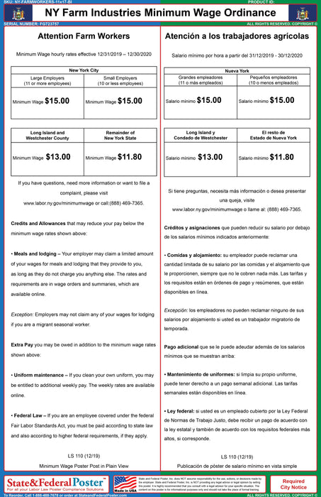 NY Farm Industries Minimum Wage Ordinance (Bilingual) - State and Federal Poster