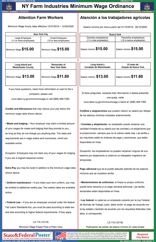 NY Farm Industries Minimum Wage Ordinance (Bilingual) - State and Federal Poster