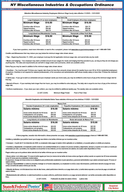New York Miscellaneous Industries & Occupations Ordinance (Bilingual) - State and Federal Poster