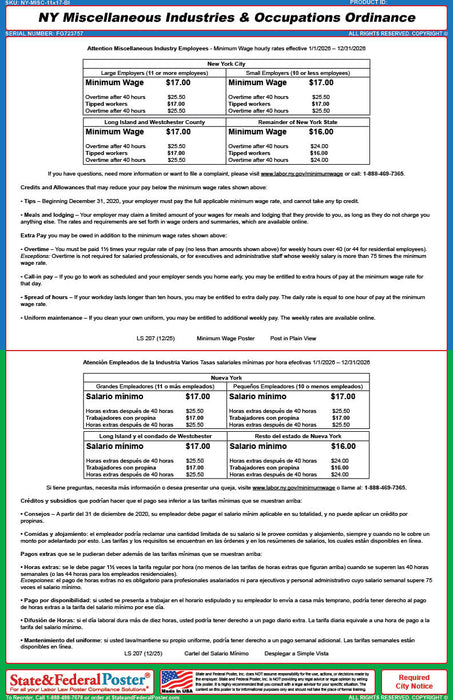 New York Miscellaneous Industries & Occupations Ordinance (Bilingual) - State and Federal Poster