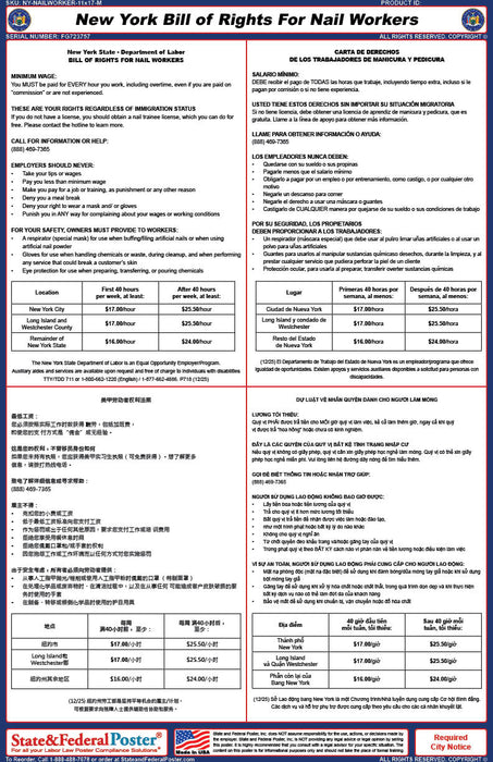 New York Bill of Rights for Nail Workers Notice (Multilingual) - State and Federal Poster