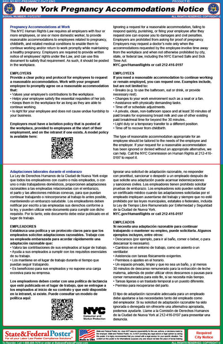 New York City Pregnancy Accommodation Poster (Bilingual) - State and Federal Poster