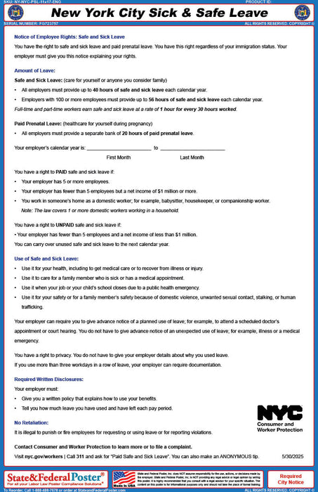 New York City Earned Safe & Sick Time Act - State and Federal Poster