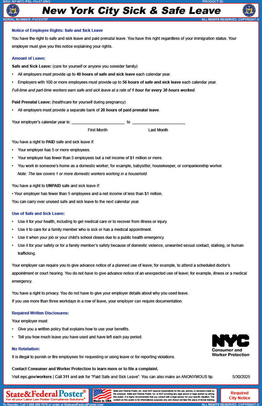 New York City Earned Safe & Sick Time Act - State and Federal Poster