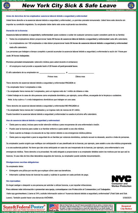 New York City Earned Safe & Sick Time Act - State and Federal Poster