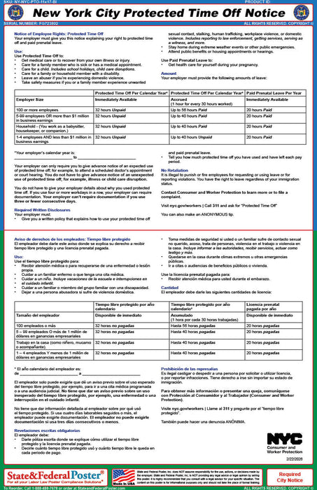 Digital New York City Protected Time Off Notice (Bilingual) - State and Federal Poster