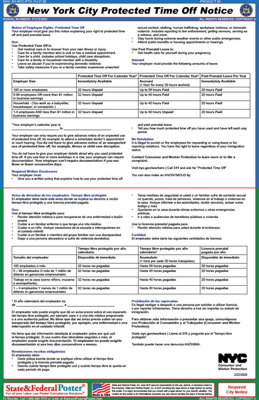 Digital New York City Protected Time Off Notice (Bilingual) - State and Federal Poster