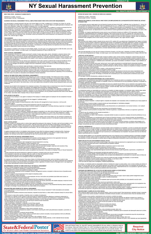 New York Sexual Harassment Ordinance Poster (Bilingual) - State and Federal Poster