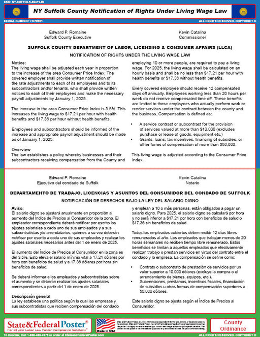 Suffolk County, New York Living Wage Poster (Bilingual) - State and Federal Poster