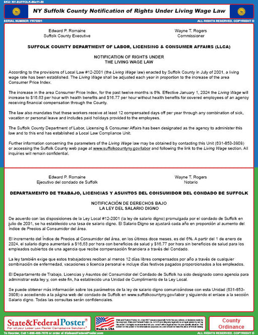 Suffolk County, New York Living Wage Poster (Bilingual) - State and Federal Poster