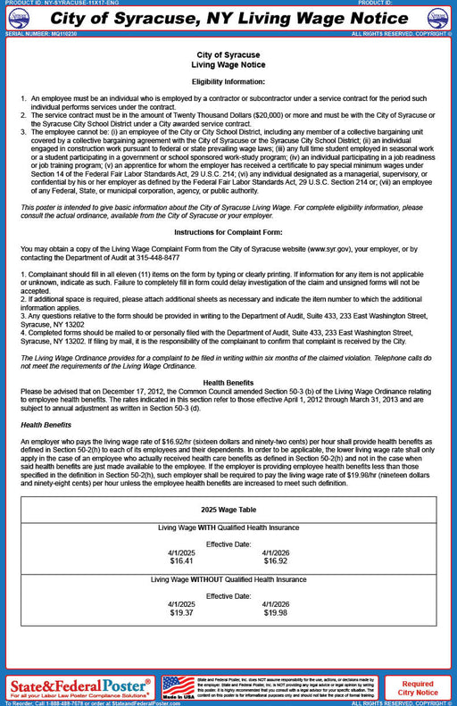 City of Syracuse, NY Living Wage Notice - State and Federal Poster