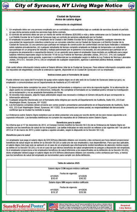 City of Syracuse, NY Living Wage Notice - State and Federal Poster