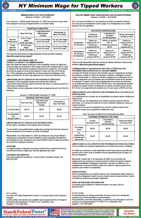 New York Minimum Wage For Tipped Workers (Bilingual)