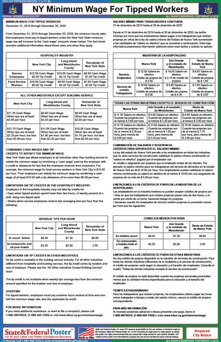 New York Minimum Wage For Tipped Workers (Bilingual) - State and Federal Poster