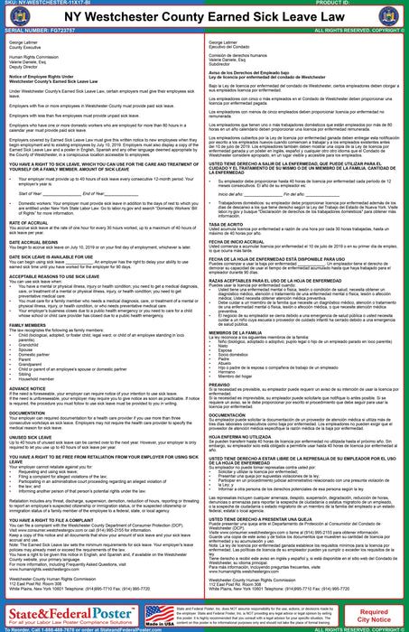 Westchester County, New York Earned Sick Leave Law (Bilingual) - State and Federal Poster