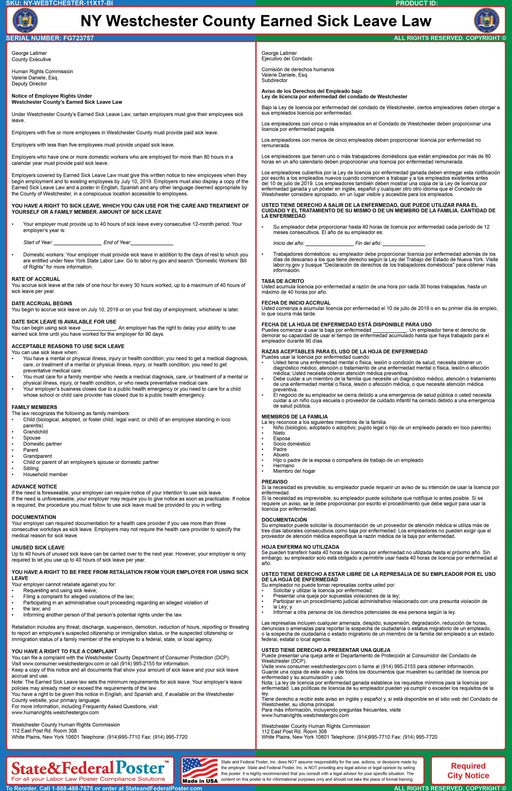 Westchester County, New York Earned Sick Leave Law (Bilingual) - State and Federal Poster