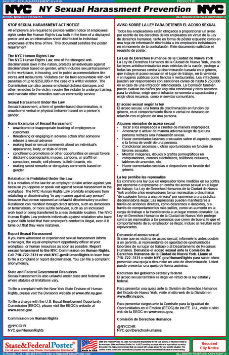 New York Sexual Harassment Ordinance Poster (Bilingual) - State and Federal Poster