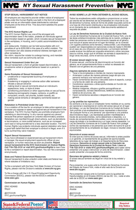 New York Sexual Harassment Ordinance Poster (Bilingual) - State and Federal Poster