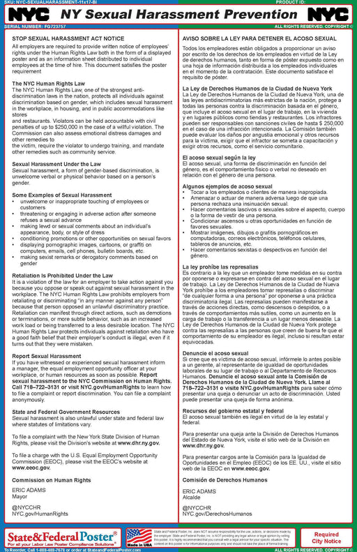 New York Sexual Harassment Ordinance Poster (Bilingual) - State and Federal Poster