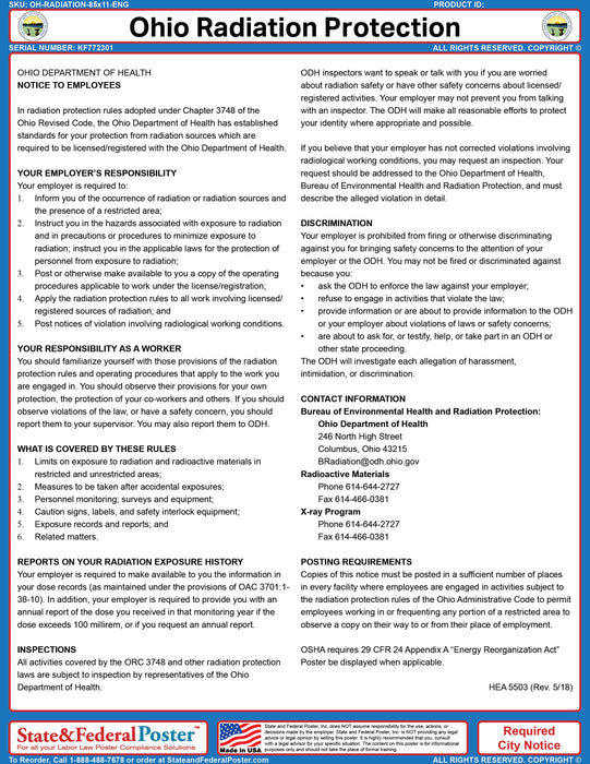 Ohio Radiation Protection Ordinance Poster - State and Federal Poster