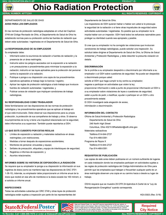 Ohio Radiation Protection Ordinance Poster - State and Federal Poster
