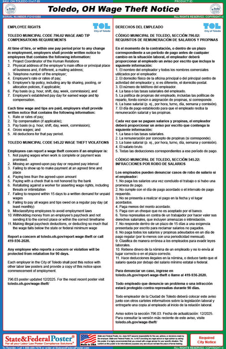 Toledo, OH Wage Theft Notice (Bilingual) - State and Federal Poster