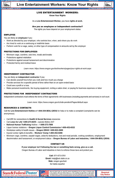 Oregon Live Entertainment Workers Ordinance - State and Federal Poster