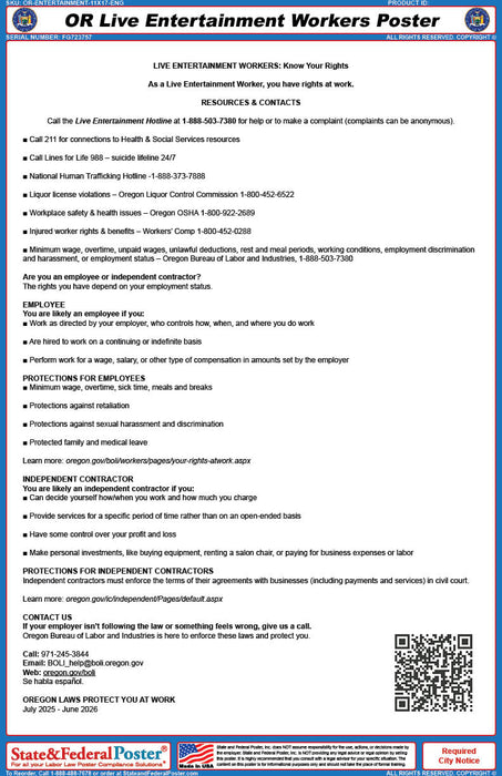 Oregon Live Entertainment Workers Ordinance - State and Federal Poster